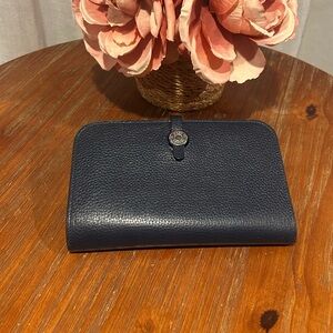 Hermes Dogon Duo Leather Wallet Navy Blue